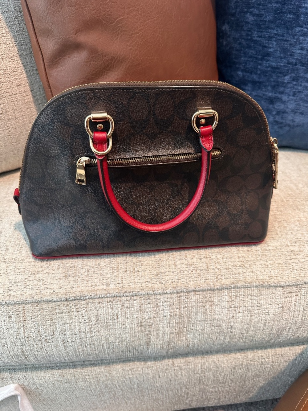 Coach Rowan Satchel Signature Canvas Brown Red Leather Crossbody - Picture 2 of 3